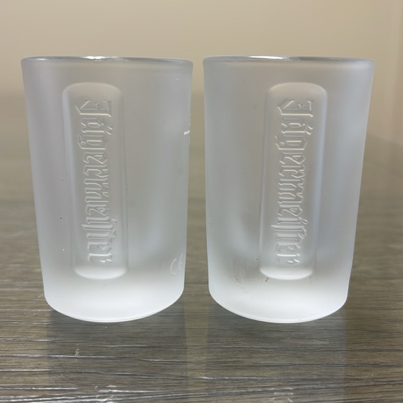 Pair of Embossed Jagermeister Frosted Glass 1 fl. oz Shot Glasses Barware Bar - Picture 4 of 14